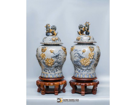 Chóe men rạn đắp nổi sen vàng 20L Chóe men rạn đắp nổi sen vàng 20L