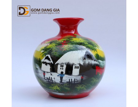 Bình hút tài lộc men nền đỏ vẽ cảnh đồng quê S2 Bình hút tài lộc men nền đỏ vẽ cảnh đồng quê S2