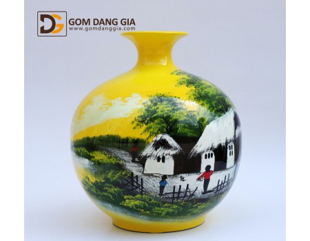 Bình hút tài lộc men nền vàng vẽ cảnh đồng quê S4 Bình hút tài lộc men nền vàng vẽ cảnh đồng quê S4