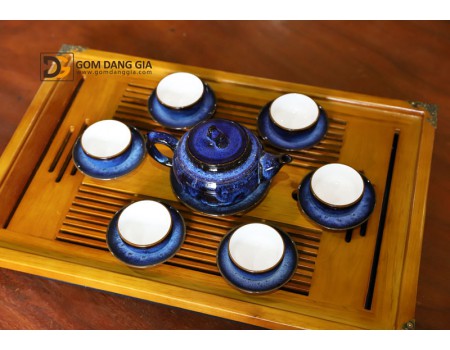 Bộ ấm trà Bát Tràng men hỏa biến xanh S3 có khay.